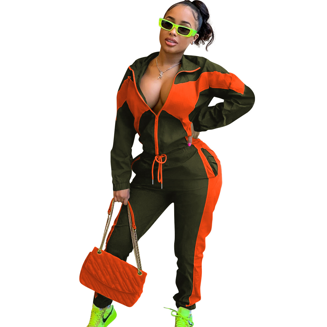 Women'S Casual Fashion Colorblock Zipper Two Piece Women'S Sport Pants Set