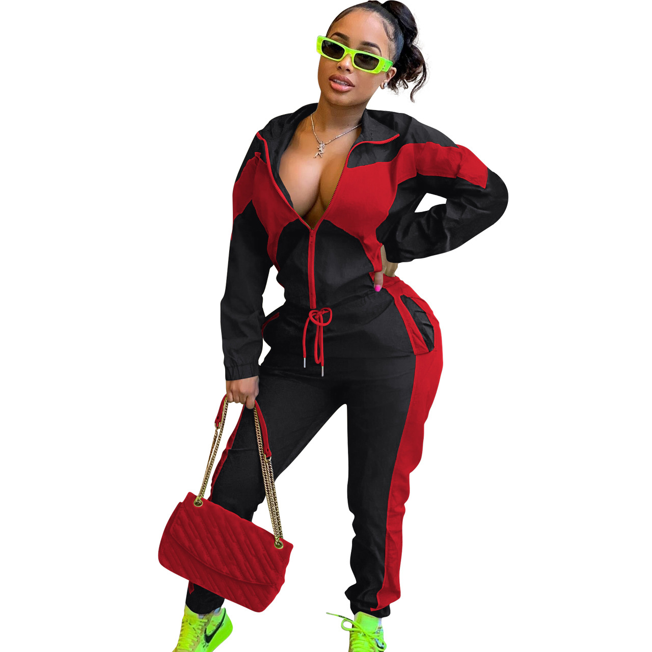 Women'S Casual Fashion Colorblock Zipper Two Piece Women'S Sport Pants Set