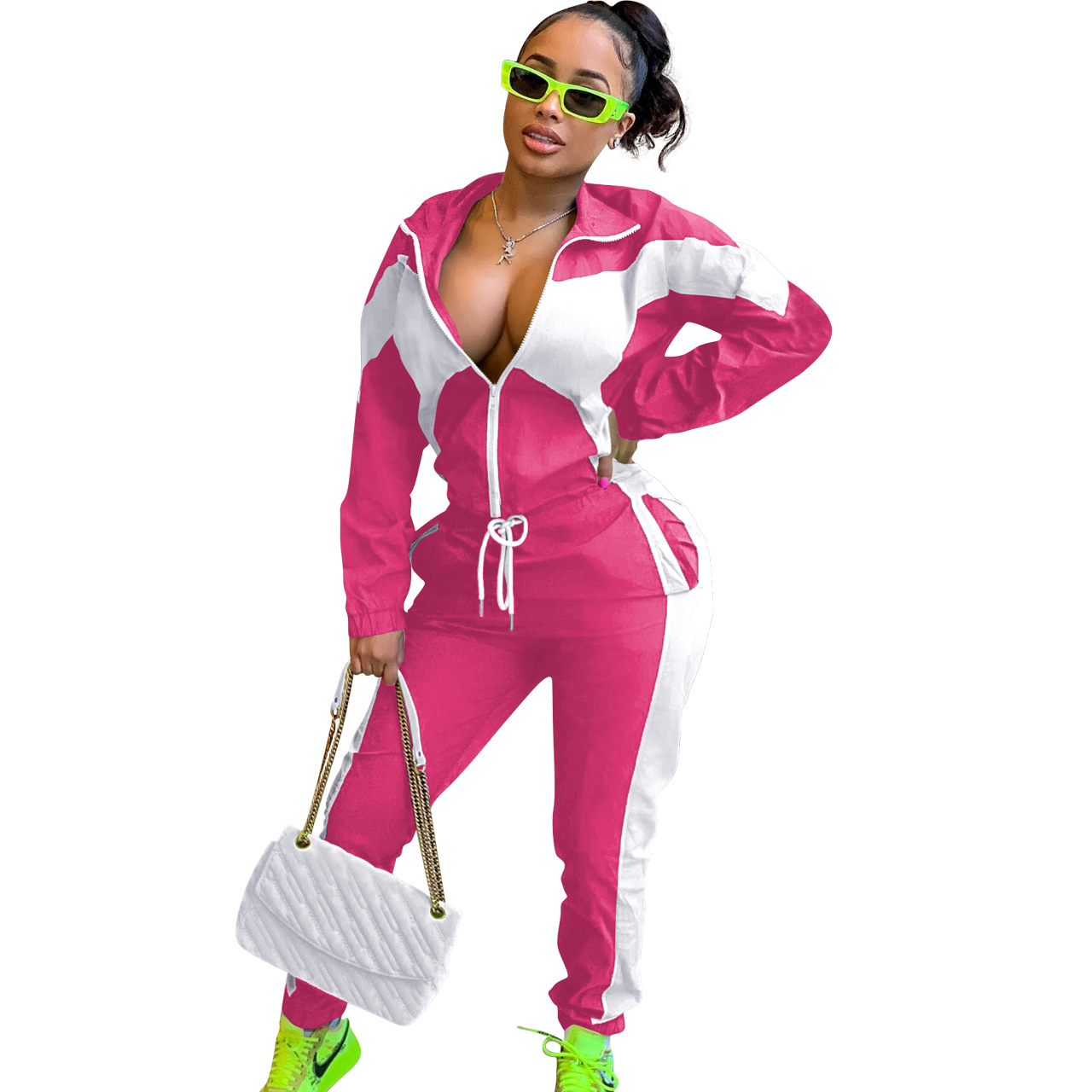 Women'S Casual Fashion Colorblock Zipper Two Piece Women'S Sport Pants Set