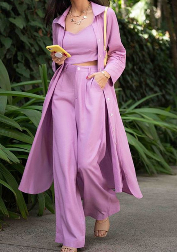 Fall Winter Women'S Chic Trousers Shirt Strap Tank Straight Pants Three-Piece Set