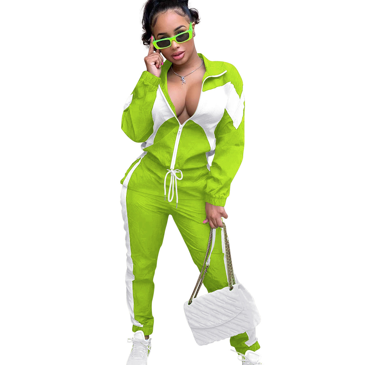 Women'S Casual Fashion Colorblock Zipper Two Piece Women'S Sport Pants Set