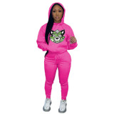 Fall/Winter Plus Size Women'S Print Casual Hooded Two Piece Pants Set Tracksuit