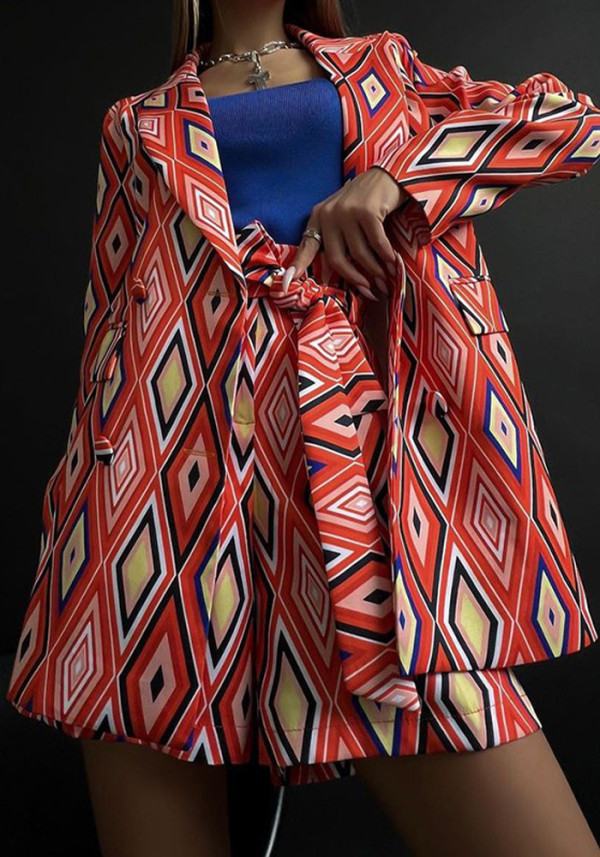 Fall Women Chic Print Blazer And Shorts Two Piece