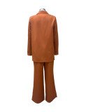 Women Solid Long Sleeve Suit and Wide Leg Pants Two Piece Set