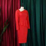 Plus Size African Women Fall Slash Shoulder Elegant Long Sleeve Dress