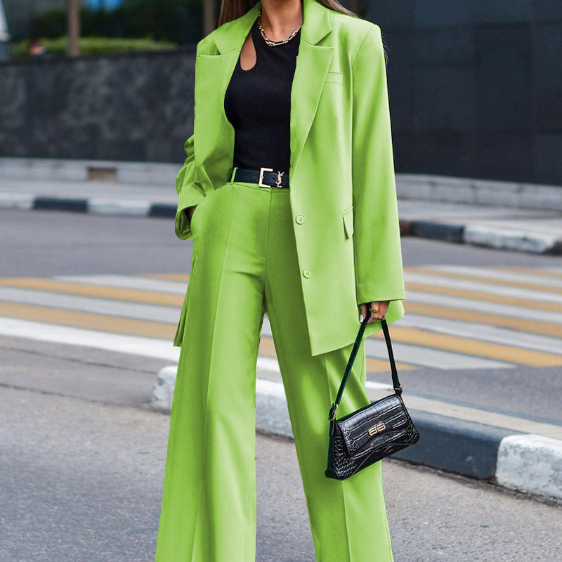 Women Solid Long Sleeve Suit and Wide Leg Pants Two Piece Set