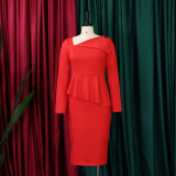 Plus Size African Women Fall Slash Shoulder Elegant Long Sleeve Dress