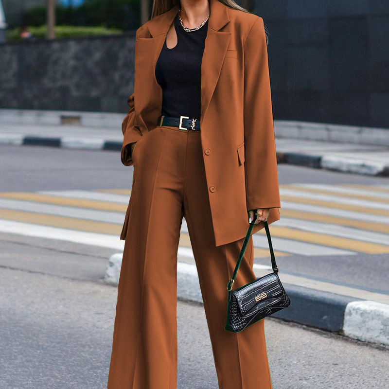 Women Solid Long Sleeve Suit and Wide Leg Pants Two Piece Set