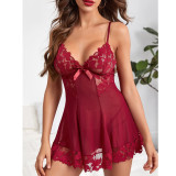Lace Slip Dress Burgunry Cutout Slim Fit Sexy Chic Nightdress Loungewear Women's Thongs