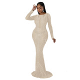 Fashion Autumn Long Dress Beaded Low Back Sexy Evening Dress