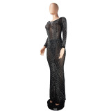 Fashion Autumn Long Dress Beaded Low Back Sexy Evening Dress