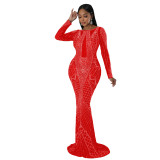 Fashion Autumn Long Dress Beaded Low Back Sexy Evening Dress