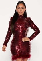 Fashion Bodycon Long Sleeve Round Neck Sequin Feather Party Dress Fashion Bodycon Long Sleeve Round Neck Sequin Feather Party Dress