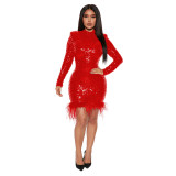 Fashion Bodycon Long Sleeve Round Neck Sequin Feather Party Dress
