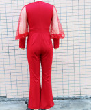 Women'S Autumn Fashion Chic Elegant V-Neck Mesh Patchwork Wide Leg Jumpsuit