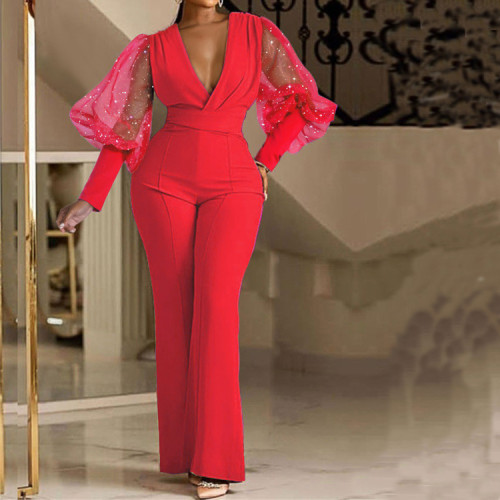 Women'S Autumn Fashion Chic Elegant V-Neck Mesh Patchwork Wide Leg Jumpsuit