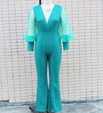Women'S Autumn Fashion Chic Elegant V-Neck Mesh Patchwork Wide Leg Jumpsuit