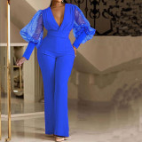 Women'S Autumn Fashion Chic Elegant V-Neck Mesh Patchwork Wide Leg Jumpsuit