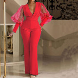 Women'S Autumn Fashion Chic Elegant V-Neck Mesh Patchwork Wide Leg Jumpsuit