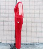 Women'S Autumn Fashion Chic Elegant V-Neck Mesh Patchwork Wide Leg Jumpsuit