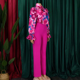 Plus Size Casual Women Printed Long Sleeve Shirt And Wide Leg Pants Two Piece