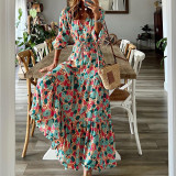Fall Women V-Neck Long Sleeve Printed Loose Maxi Dress
