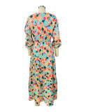 Fall Women V-Neck Long Sleeve Printed Loose Maxi Dress