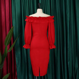 Plus Size Women Fall Off Shoulder Off Shoulder Long Sleeve Bodycon Dress