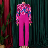 Plus Size Casual Women Printed Long Sleeve Shirt And Wide Leg Pants Two Piece