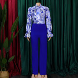 Plus Size Casual Women Printed Long Sleeve Shirt And Wide Leg Pants Two Piece