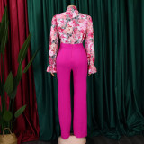 Plus Size Casual Women Printed Long Sleeve Shirt And Wide Leg Pants Two Piece