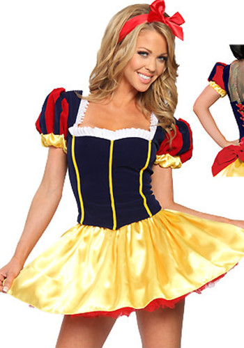 Women Contrast Lace Up Corset Short Sleeve Mini Dress Cosplay Costume