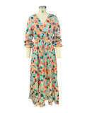 Fall Women V-Neck Long Sleeve Printed Loose Maxi Dress