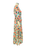 Fall Women V-Neck Long Sleeve Printed Loose Maxi Dress