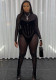 Fall Women's Sexy Mesh See-Through Color Contrast Patchwork Tight Fitting Long Sleeve Jumpsuit