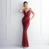 Chic Elegant Orientation Flower Beaded Straps Party Sequin Dress Long Formal Party Slim Evening Dress