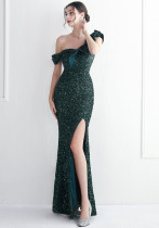 Elegant Sequin Ruffled One Shoulder Slit Prom Dress Slim Fit Fishtail Formal Party Evening Gowns Elegant Sequin Ruffled One Shoulder Slit Prom Dress Slim Fit Fishtail Formal Party Evening Gowns