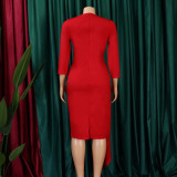 Women's Fall/Winter Solid ol Chic Career Ruched Belted Midi Dress