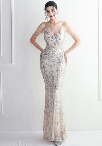 Elegant Chic Beading Straps Party Sequin Prom Dress Long Formal Party Gown Slim Evening Dress