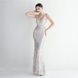 Plus Size Beauty Elegant Sequins Sleeveless V-neck Mermaid Formal Party Evening Dress