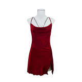 autumn and winter solid color satin straps Slit nightdress sexy V-neck pajamas women's home wear