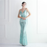 Plus Size Beauty Elegant Sequins straps V-neck Formal Party Evening Dress