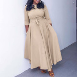 Women's Fall Winter Fashion Chic Solid long sleeve Belted African Plus Size Maxi Dress