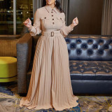 Women's Fall Winter Long Sleeve Casual Loose Pleated Wide Leg Jumpsuit with Belt