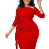 Women's Fall/Winter Solid ol Chic Career Ruched Belted Midi Dress