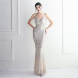 Elegant Chic Beading Straps Party Sequin Prom Dress Long Formal Party Gown Slim Evening Dress