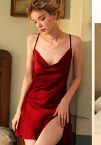 autumn and winter solid color satin straps Slit nightdress sexy V-neck pajamas women's home wear autumn and winter solid color satin straps Slit nightdress sexy V-neck pajamas women's home wear