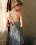 autumn and winter solid color satin straps Slit nightdress sexy V-neck pajamas women's home wear