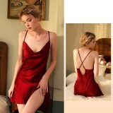 autumn and winter solid color satin straps Slit nightdress sexy V-neck pajamas women's home wear