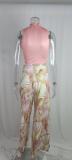 Women Round Neck Sleeveless Top and Print Pant Two Piece
